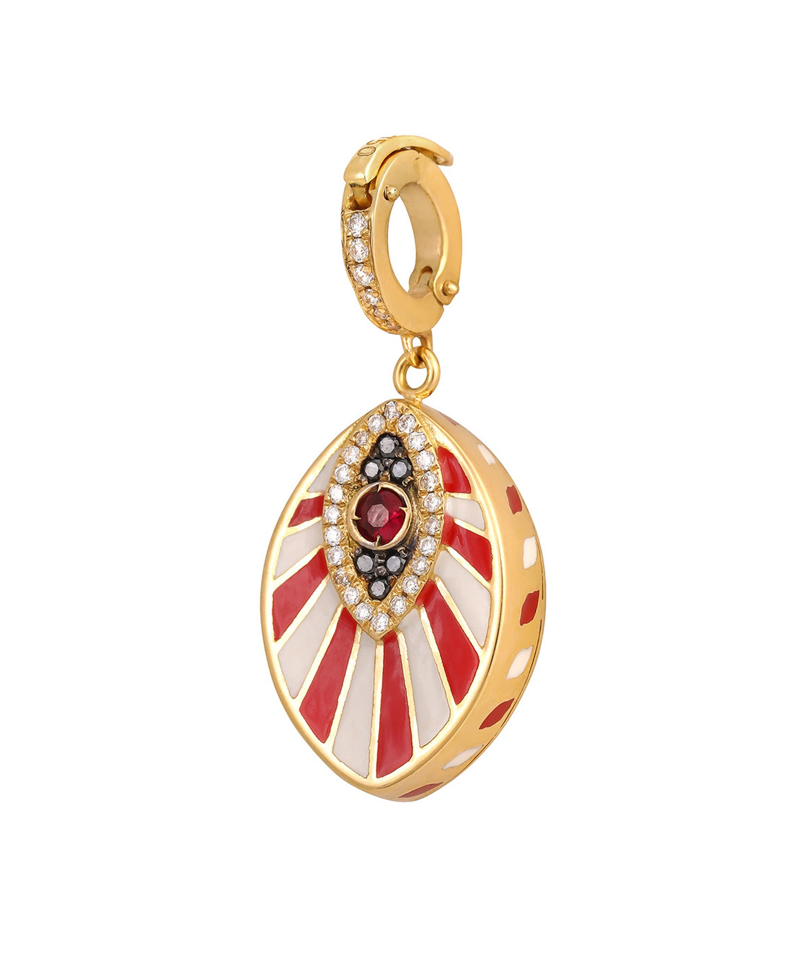 J by boghossian, white diamonds, gold, charm, fan, eye, evil eye, ruby, black diamond, white enamel, red enamel