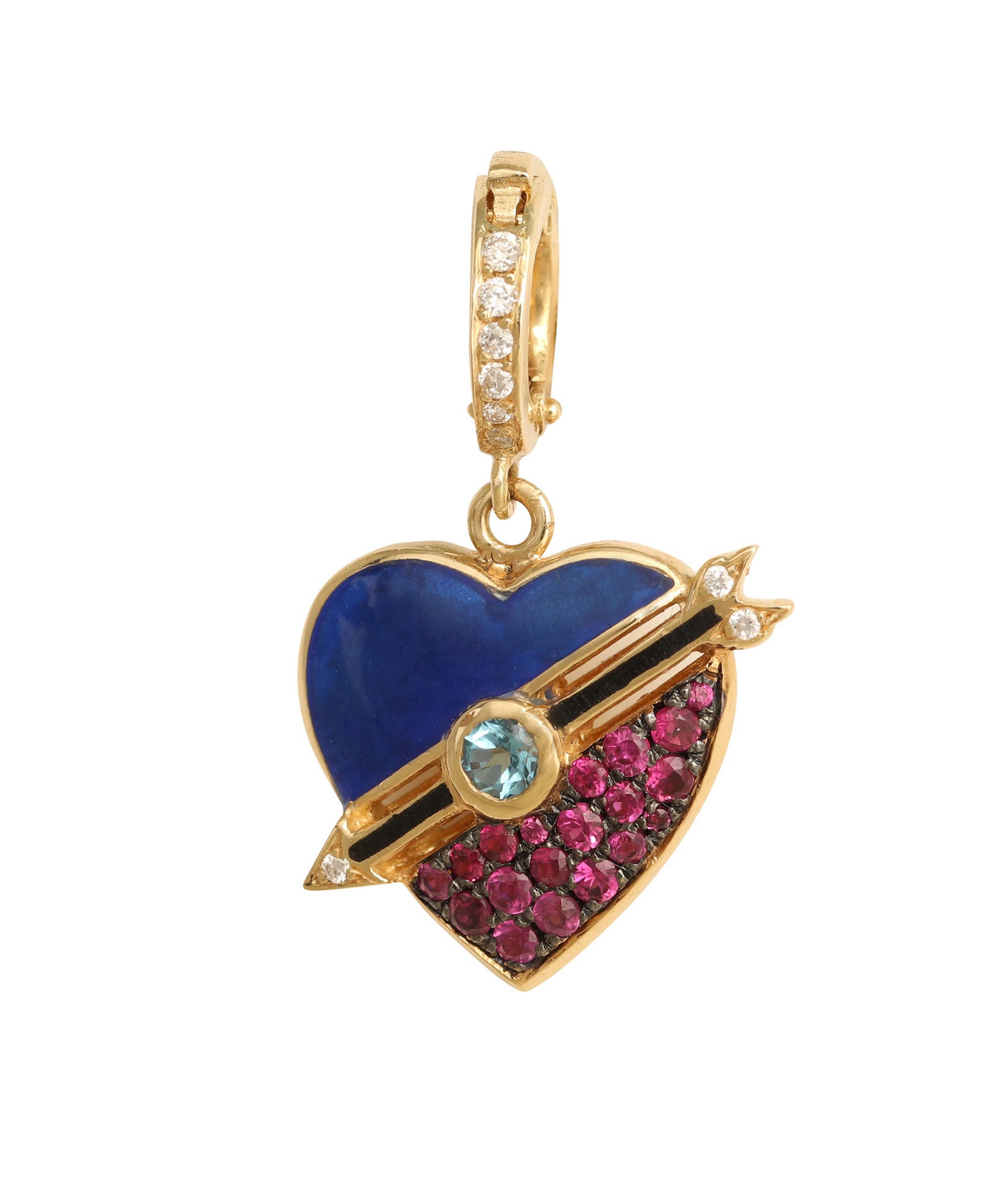 J by boghossian, gold, charm, pendant, heart, ruby, blue enamel